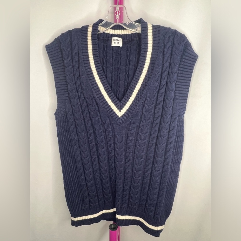 Aritzia Navy Cable Knit V-Neck Vest with White Trim